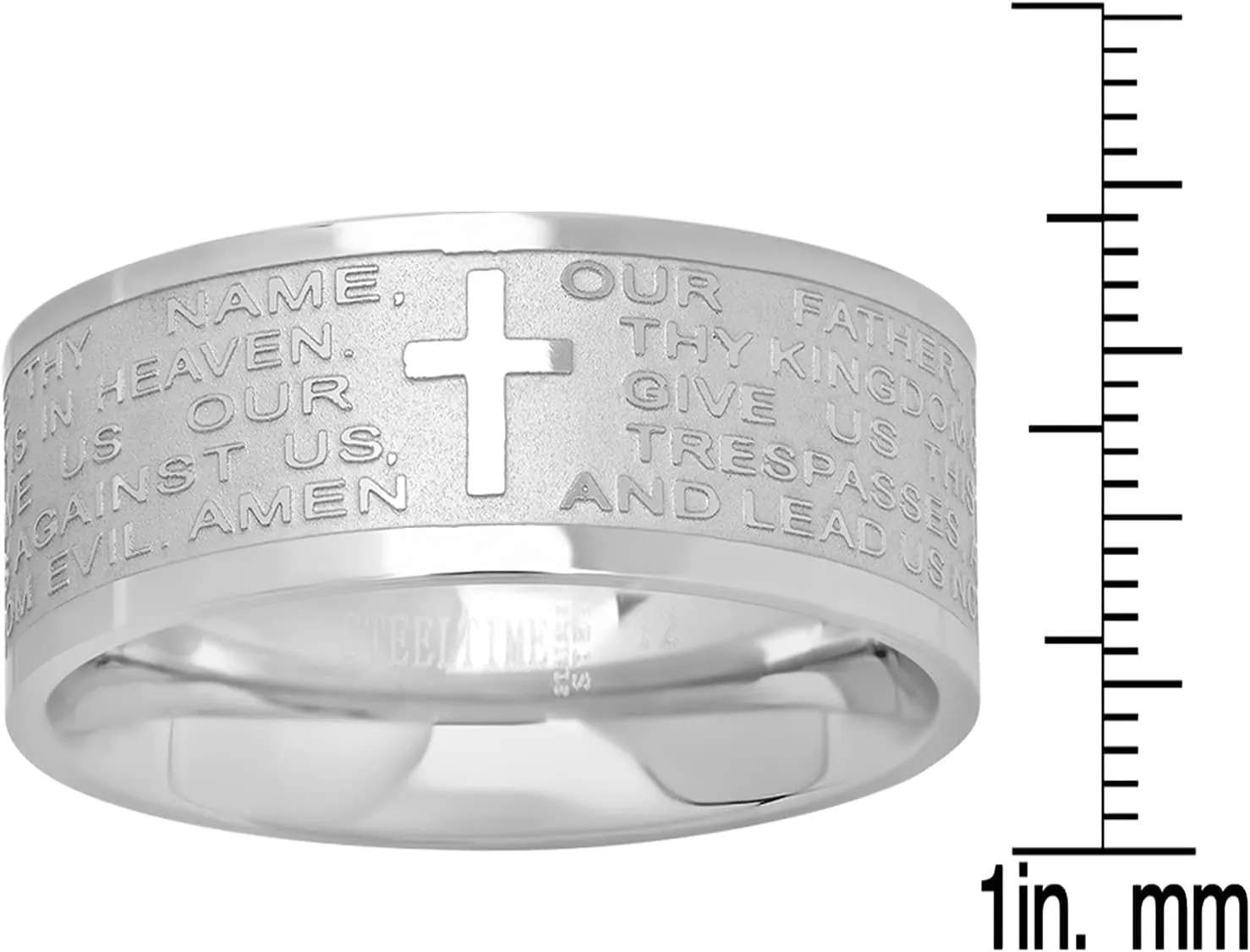 Steeltime Classic Stainless Steel Lords Prayer Ring Band in English or Spanish our father- Padre Nuestro