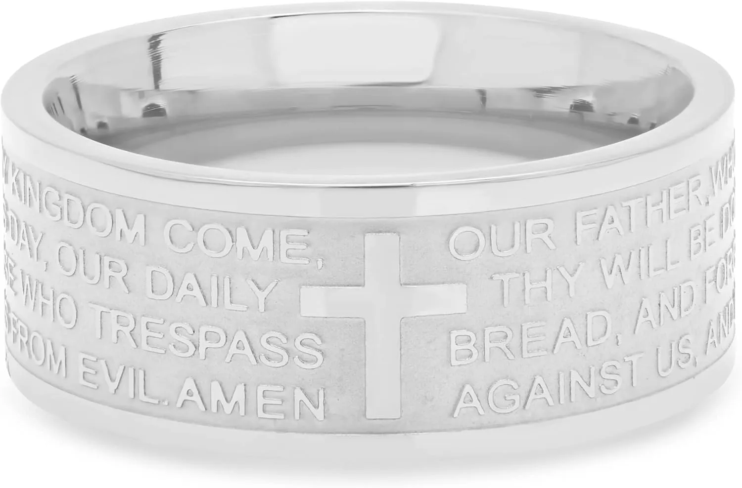 Steeltime Classic Stainless Steel Lords Prayer Ring Band in English or Spanish our father- Padre Nuestro
