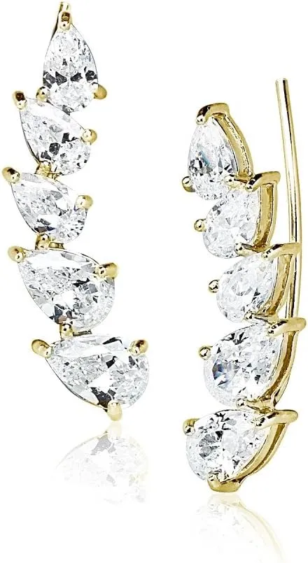 Sterling Silver Cubic Zirconia Classic Pear-Shape Ear Cuff Crawler Climber Hook Earrings for Women, wife, girlfriend, 3 Options