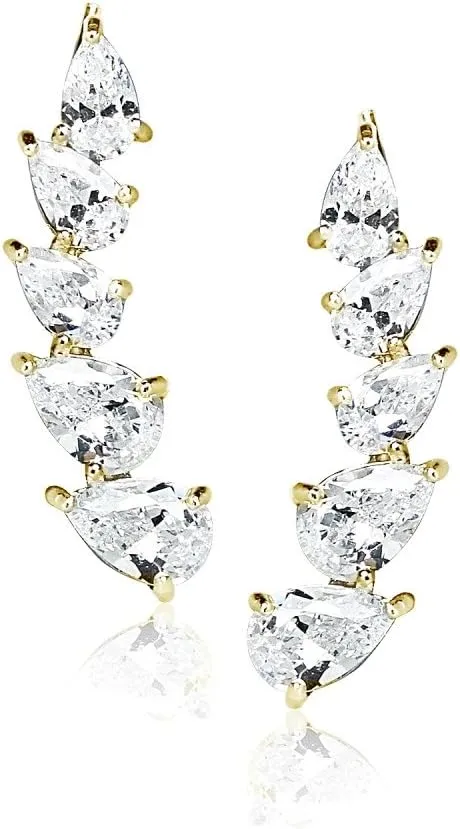 Sterling Silver Cubic Zirconia Classic Pear-Shape Ear Cuff Crawler Climber Hook Earrings for Women, wife, girlfriend, 3 Options