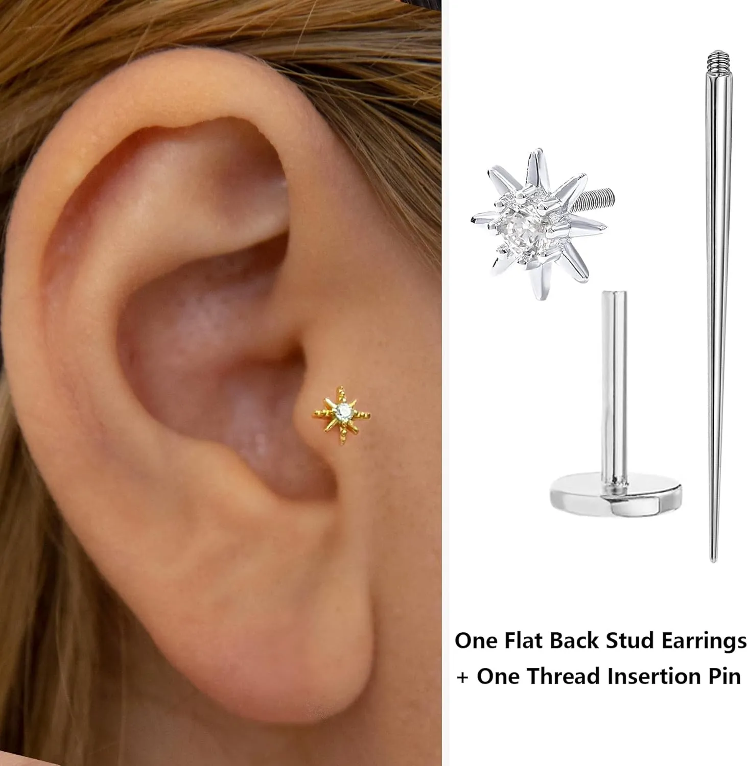 Sterling Silver Flat Back Stud Earrings 16G Cartilage Earring Internally Threaded Earrings Piercing Tragus Earrings for Women