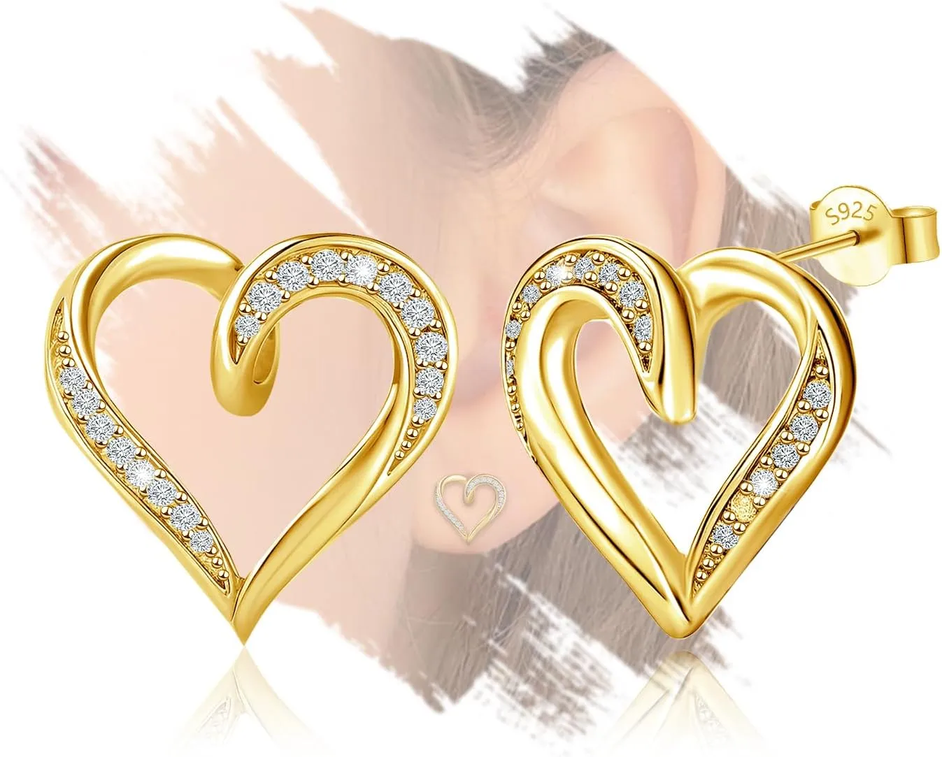 Sterling Silver Gold Heart Stud Earrings for Women - Hypoallergenic Cubic Zirconia Love Heart-Shaped Post Earrings for Lady Classic Jewelry Gifts for Her Wife Mother Sister