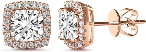 Sterling Silver Halo Square Cubic Zirconia Stud Earrings for Women