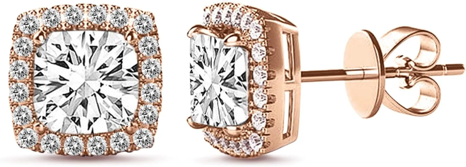 Sterling Silver Halo Square Cubic Zirconia Stud Earrings for Women