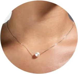 Sterling Silver Pearl Necklaces for Women, Gold/Silver Heart Necklaces for Girls, 10 13 16 21 30 40 50 60 Years old Birthday Wedding Jewelry Gifts, Single Pearl Simple Tiny Small Faux Pearl Necklaces