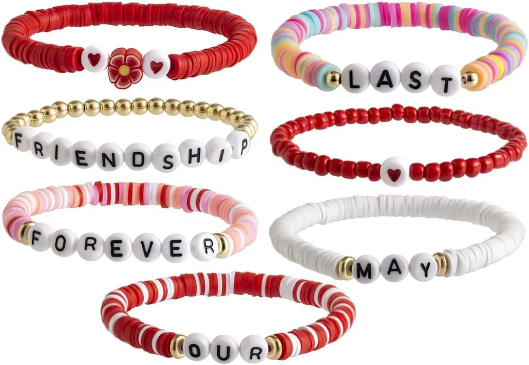 Strawberry Polymer Clay Stacktable Bracelets Colorful Strawberry Heishi Clay Bead Bracelet Set Boho Fruit Elastic Summer Beach Letter Bracelets Layered Jewelry for Women Girls