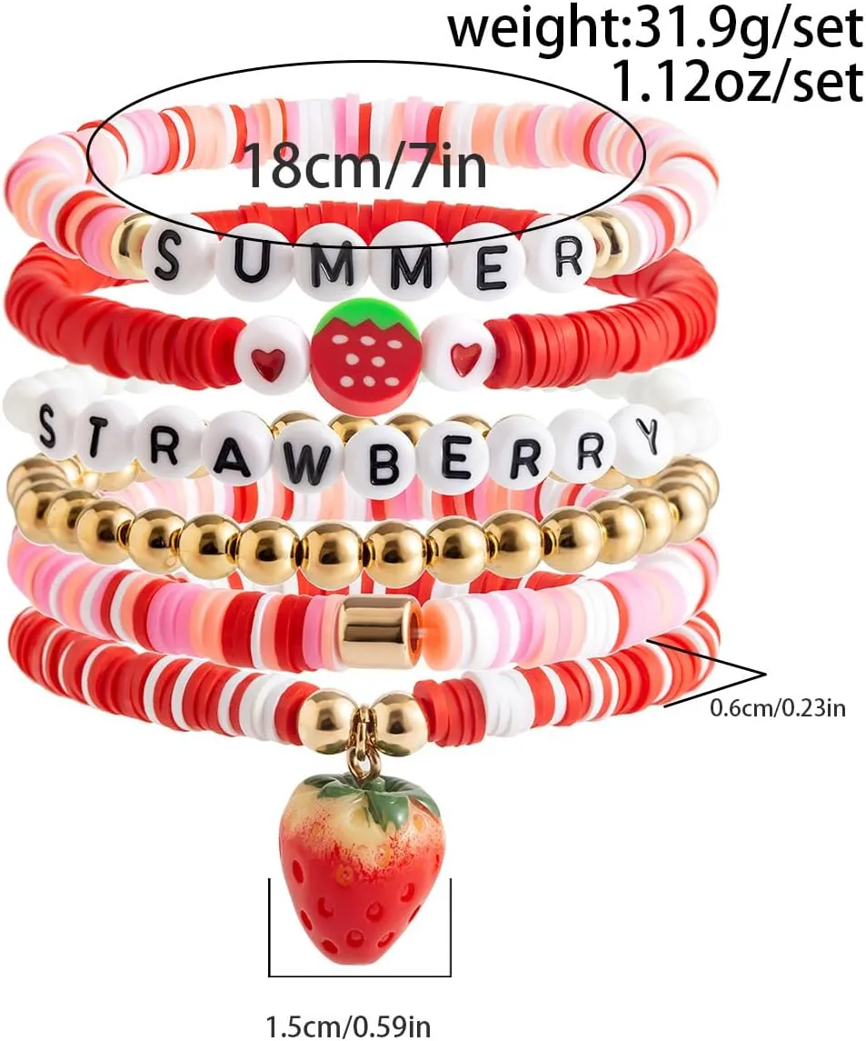Strawberry Polymer Clay Stacktable Bracelets Colorful Strawberry Heishi Clay Bead Bracelet Set Boho Fruit Elastic Summer Beach Letter Bracelets Layered Jewelry for Women Girls