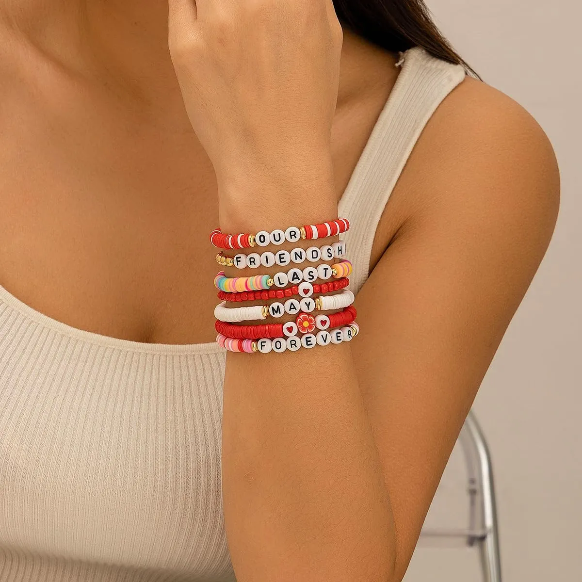 Strawberry Polymer Clay Stacktable Bracelets Colorful Strawberry Heishi Clay Bead Bracelet Set Boho Fruit Elastic Summer Beach Letter Bracelets Layered Jewelry for Women Girls