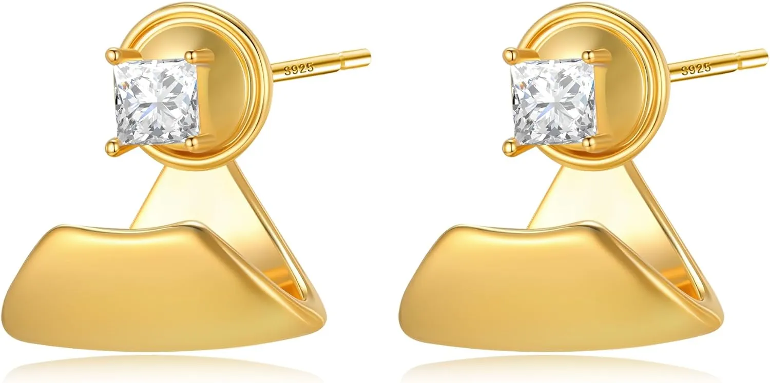 Studs Earrings for Women Hypoallergenic 14K Gold Plated Sterling Silver Post 4mm Cubic Zirconia Jacket Earrings Jewelry Gifts for Women