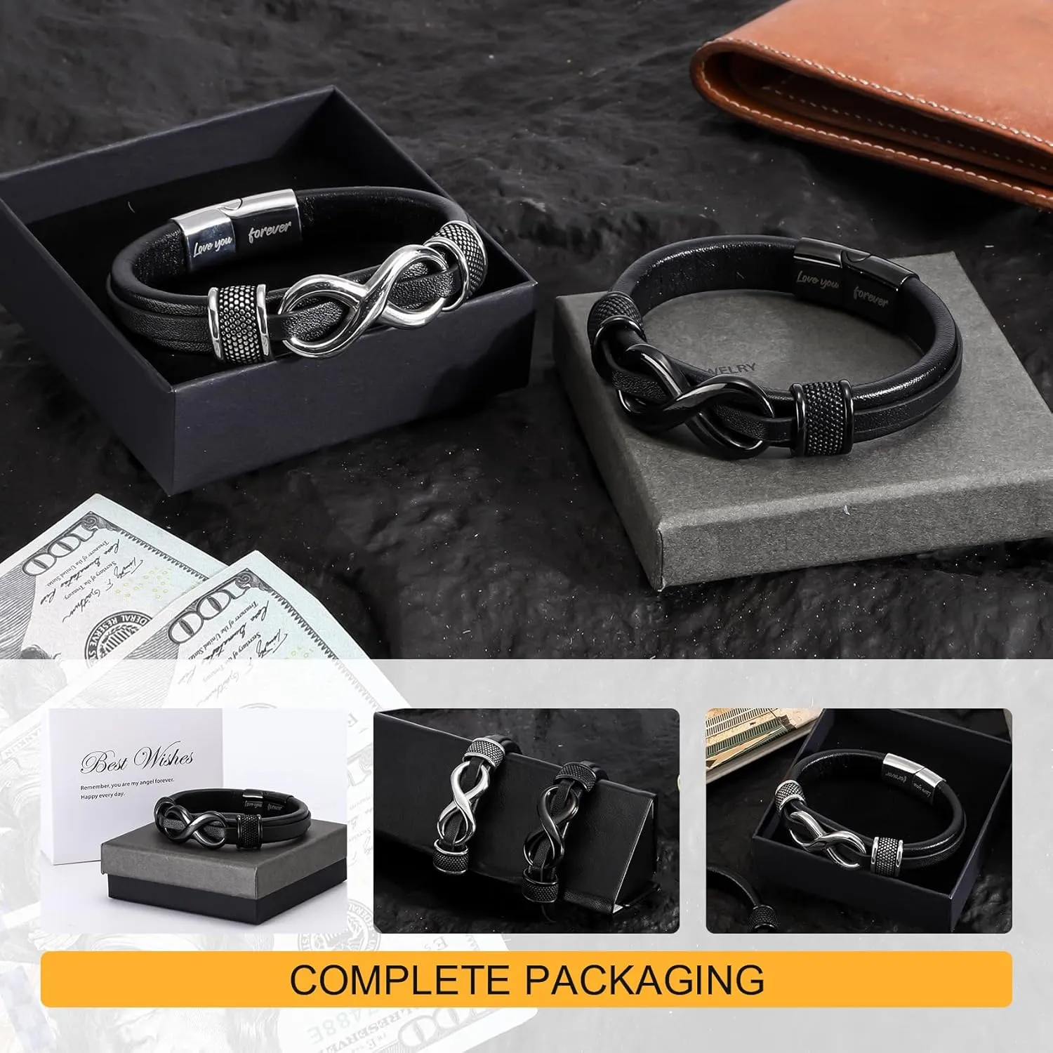 Stylish Mens Bracelet with Engraved 'Love You Forever'  Premium Leather Bracelet for Men  Adjustable, Durable & Comfortable Wristband for Husband, Boyfriend