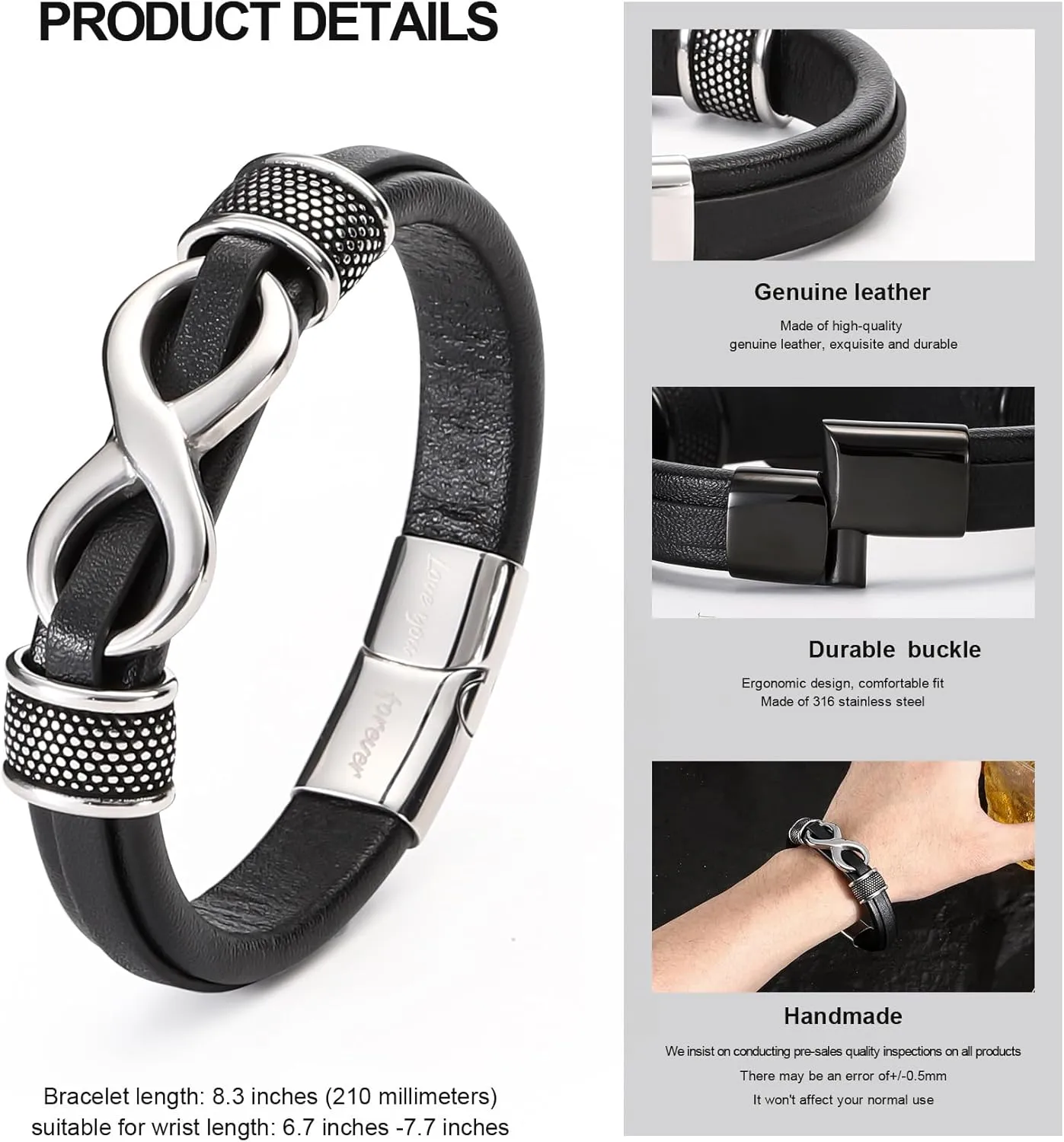 Stylish Mens Bracelet with Engraved 'Love You Forever'  Premium Leather Bracelet for Men  Adjustable, Durable & Comfortable Wristband for Husband, Boyfriend