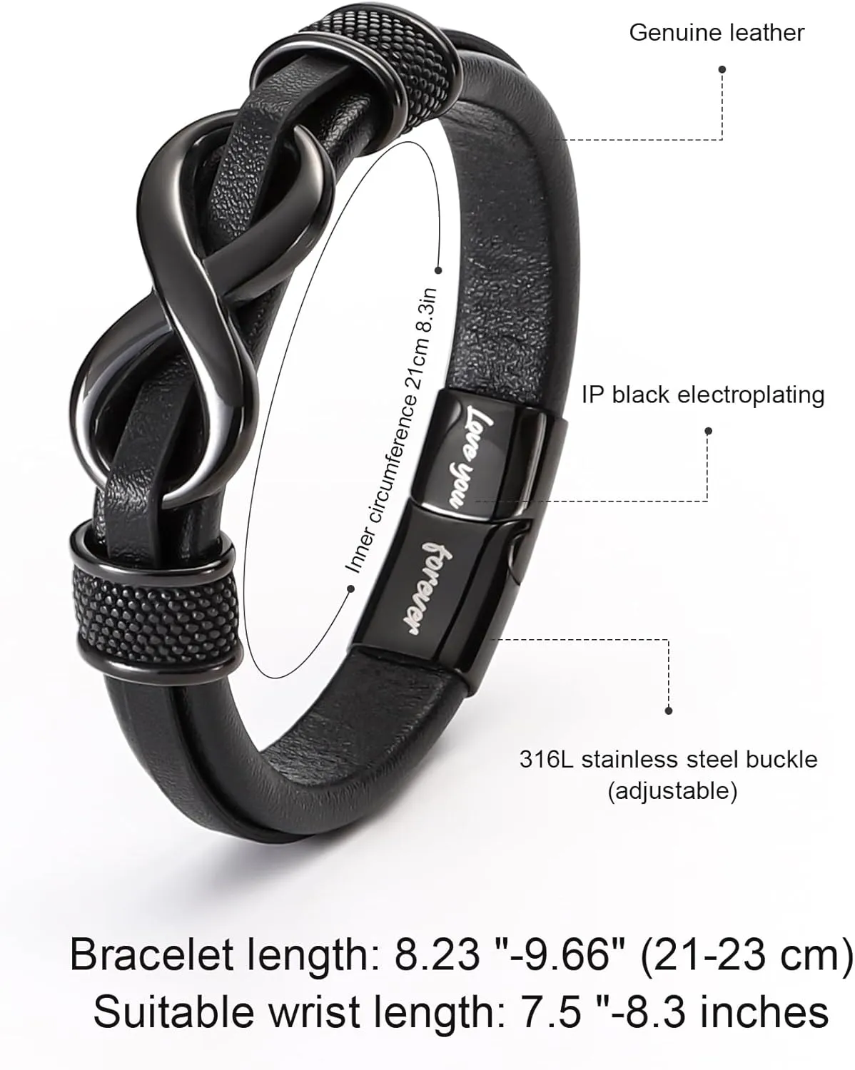 Stylish Mens Bracelet with Engraved 'Love You Forever'  Premium Leather Bracelet for Men  Adjustable, Durable & Comfortable Wristband for Husband, Boyfriend