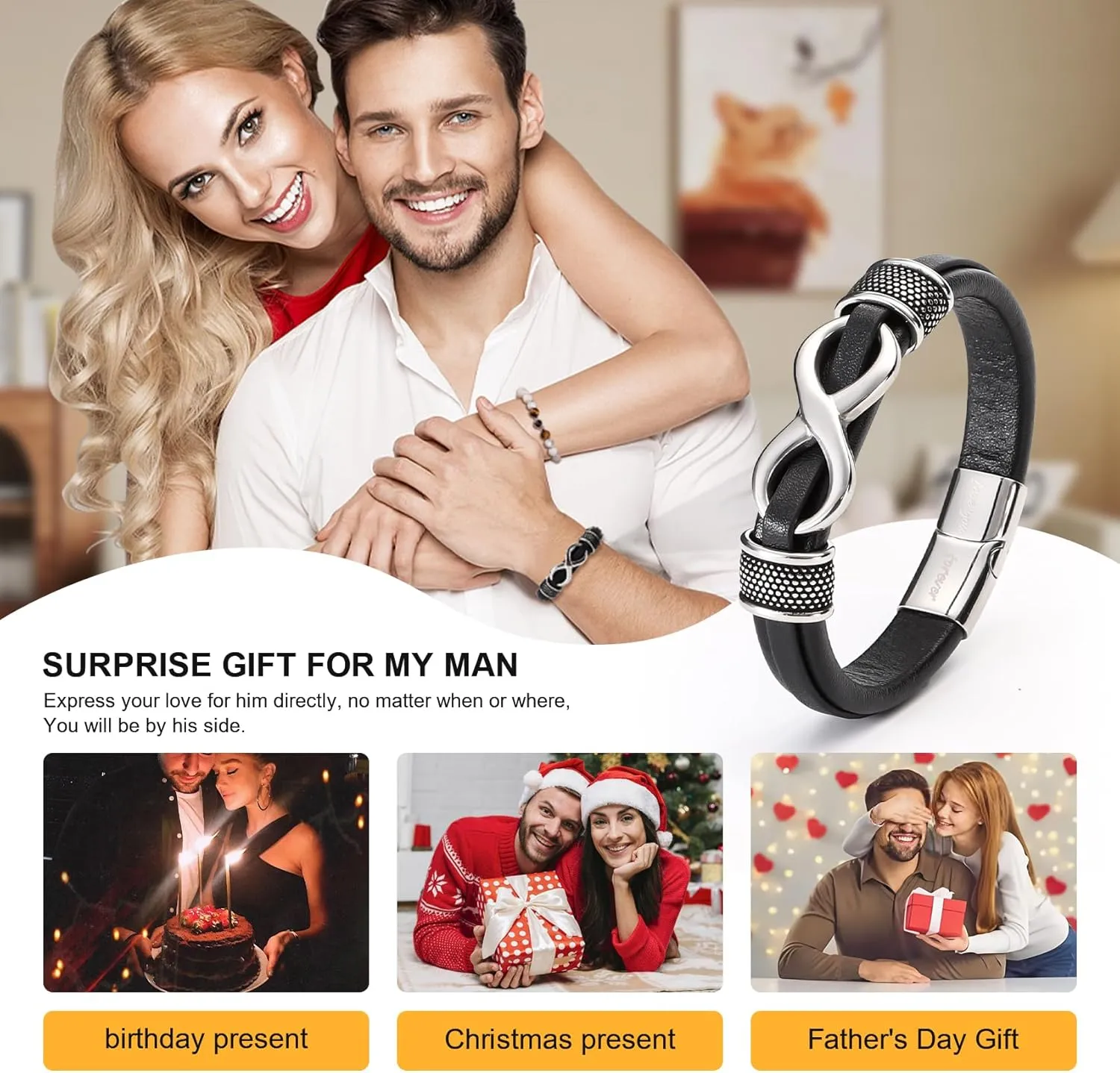 Stylish Mens Bracelet with Engraved 'Love You Forever'  Premium Leather Bracelet for Men  Adjustable, Durable & Comfortable Wristband for Husband, Boyfriend