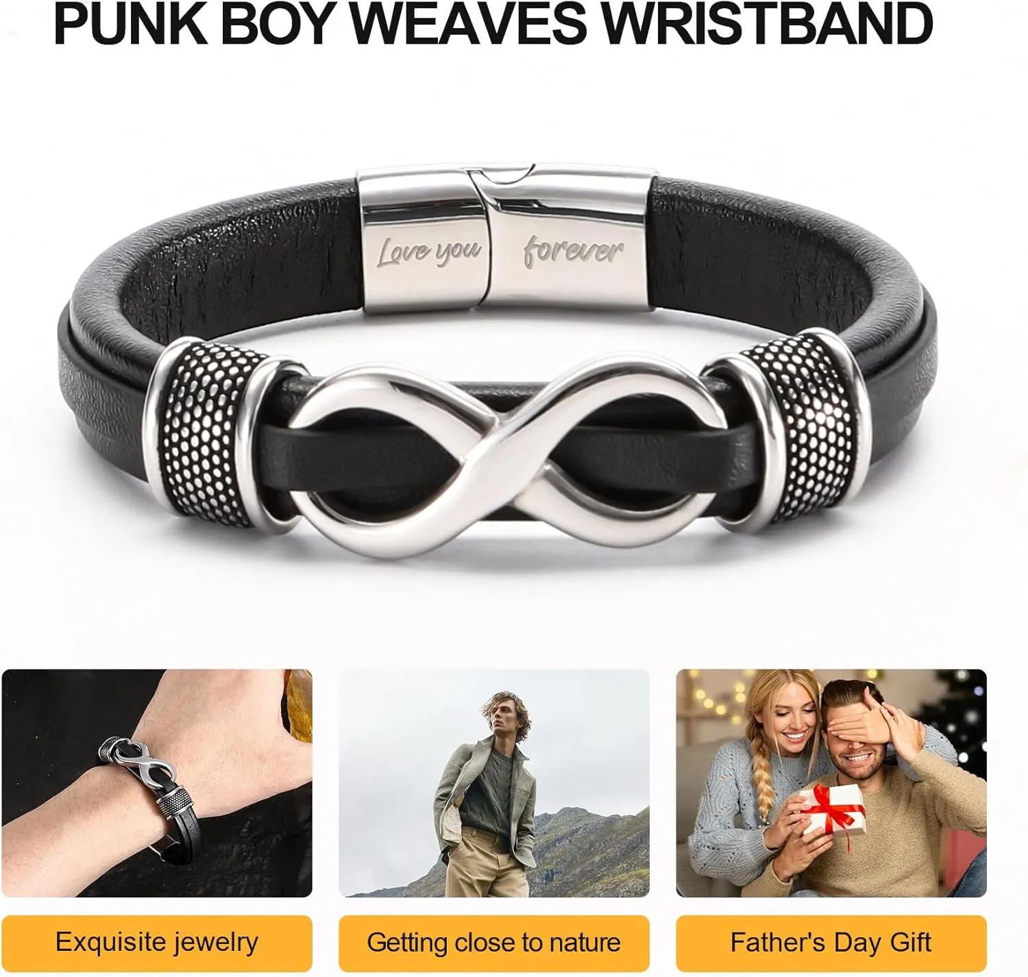 Stylish Mens Bracelet with Engraved 'Love You Forever'  Premium Leather Bracelet for Men  Adjustable, Durable & Comfortable Wristband for Husband, Boyfriend
