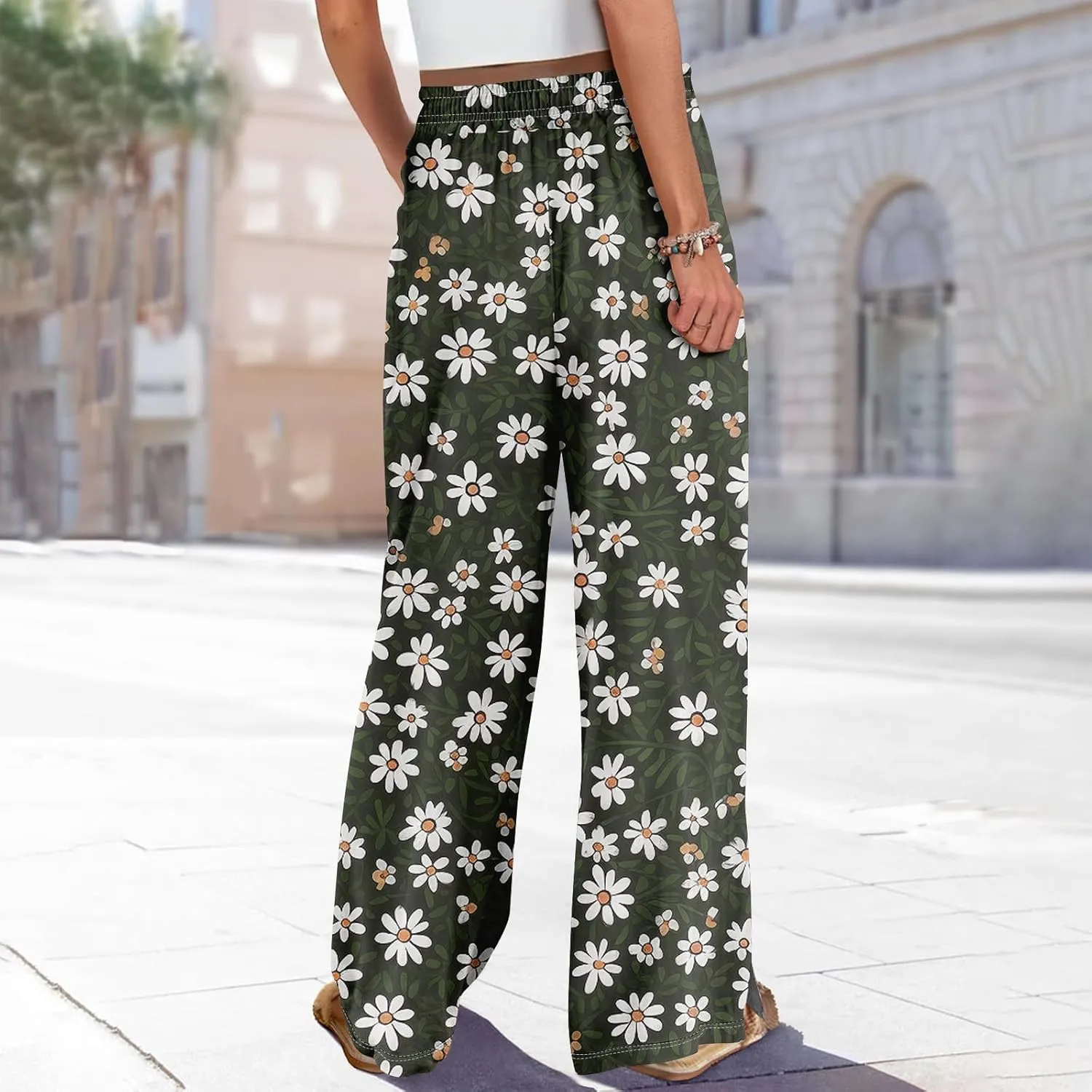 Summer Womens Wide Leg Pants Casual Elastic Waist Drawstring Palazzo Boho Pants Floral Print High Waist Vintage Trousers