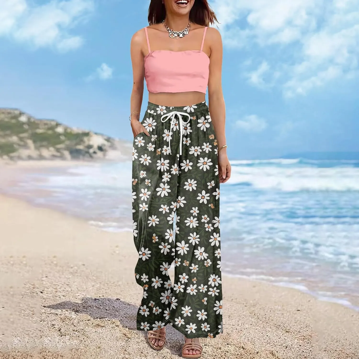 Summer Womens Wide Leg Pants Casual Elastic Waist Drawstring Palazzo Boho Pants Floral Print High Waist Vintage Trousers