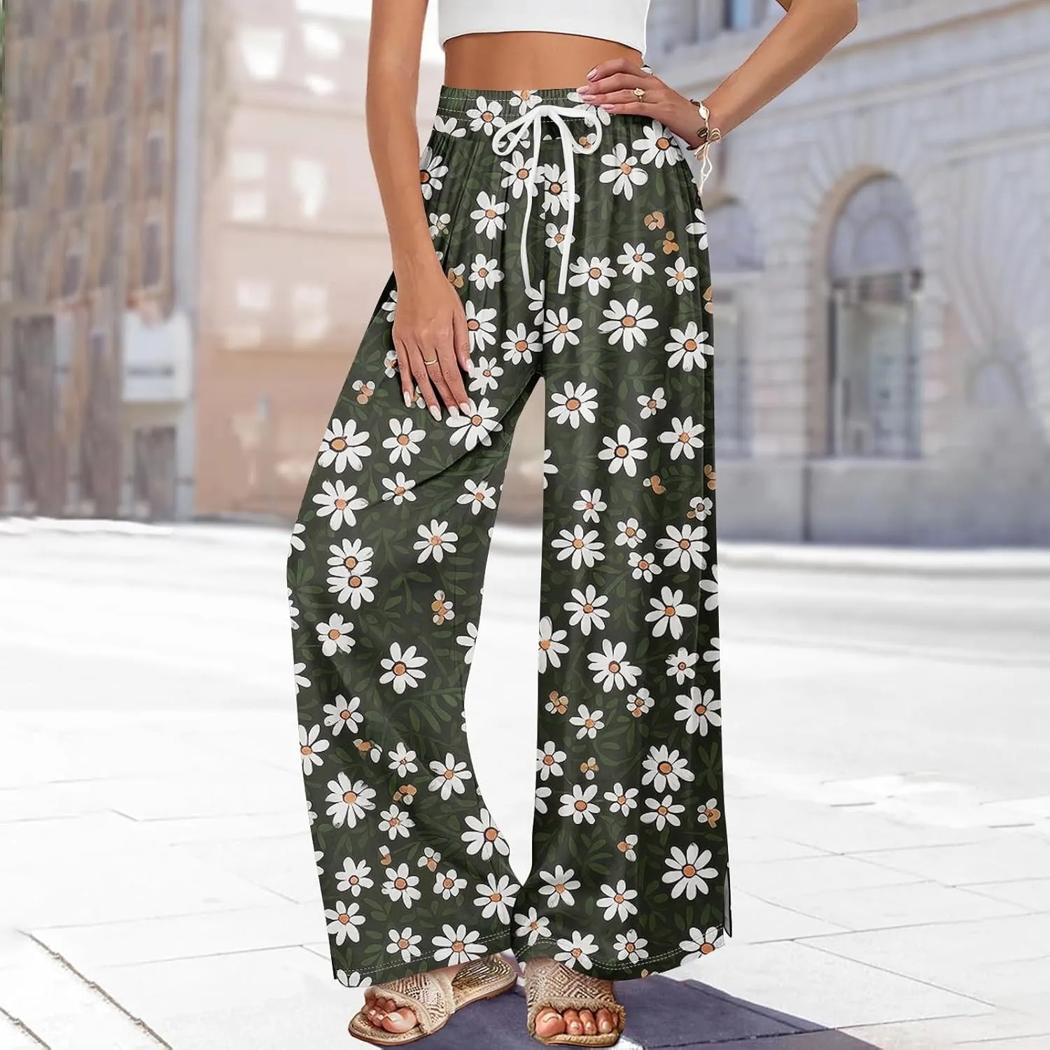 Summer Womens Wide Leg Pants Casual Elastic Waist Drawstring Palazzo Boho Pants Floral Print High Waist Vintage Trousers