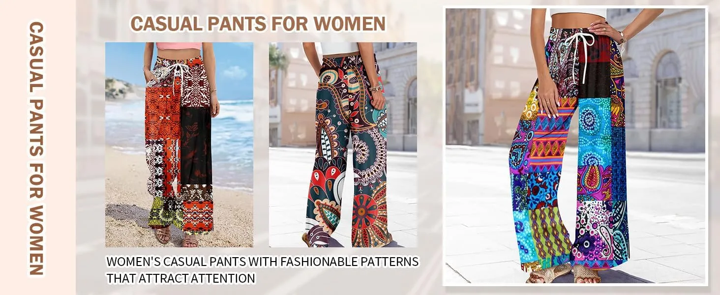 Summer Womens Wide Leg Pants Casual Elastic Waist Drawstring Palazzo Boho Pants Floral Print High Waist Vintage Trousers