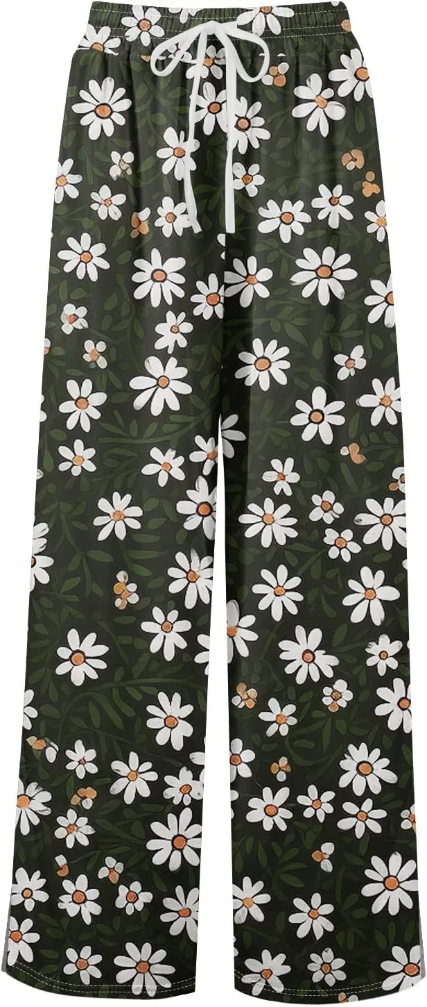 Summer Womens Wide Leg Pants Casual Elastic Waist Drawstring Palazzo Boho Pants Floral Print High Waist Vintage Trousers