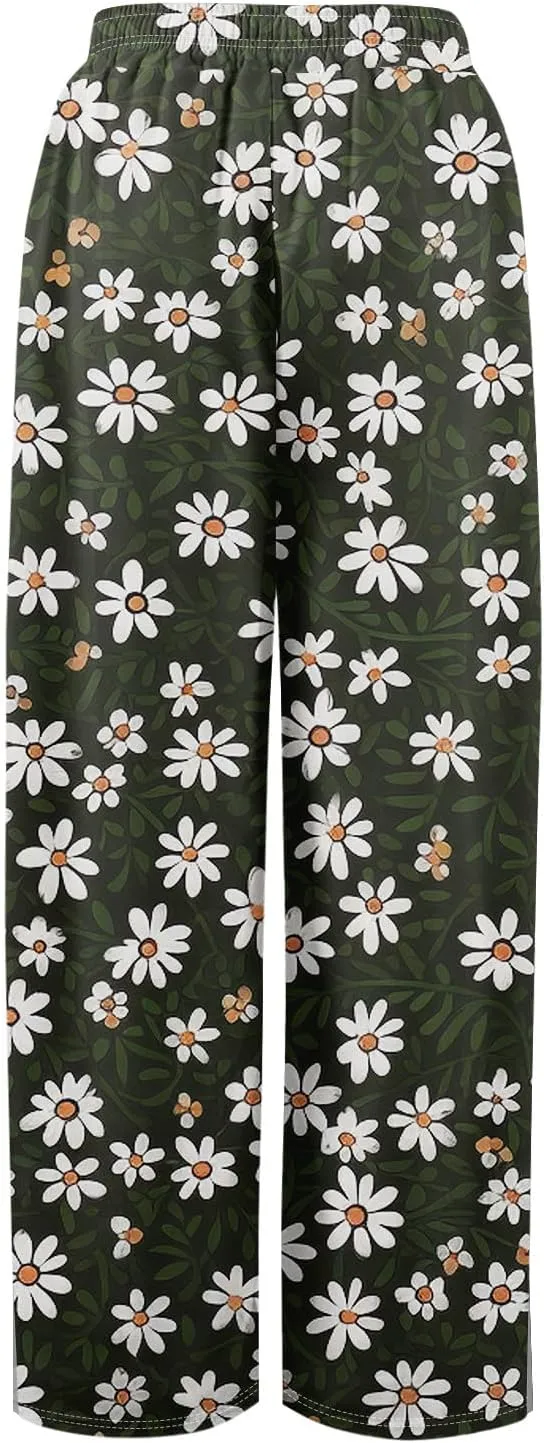 Summer Womens Wide Leg Pants Casual Elastic Waist Drawstring Palazzo Boho Pants Floral Print High Waist Vintage Trousers