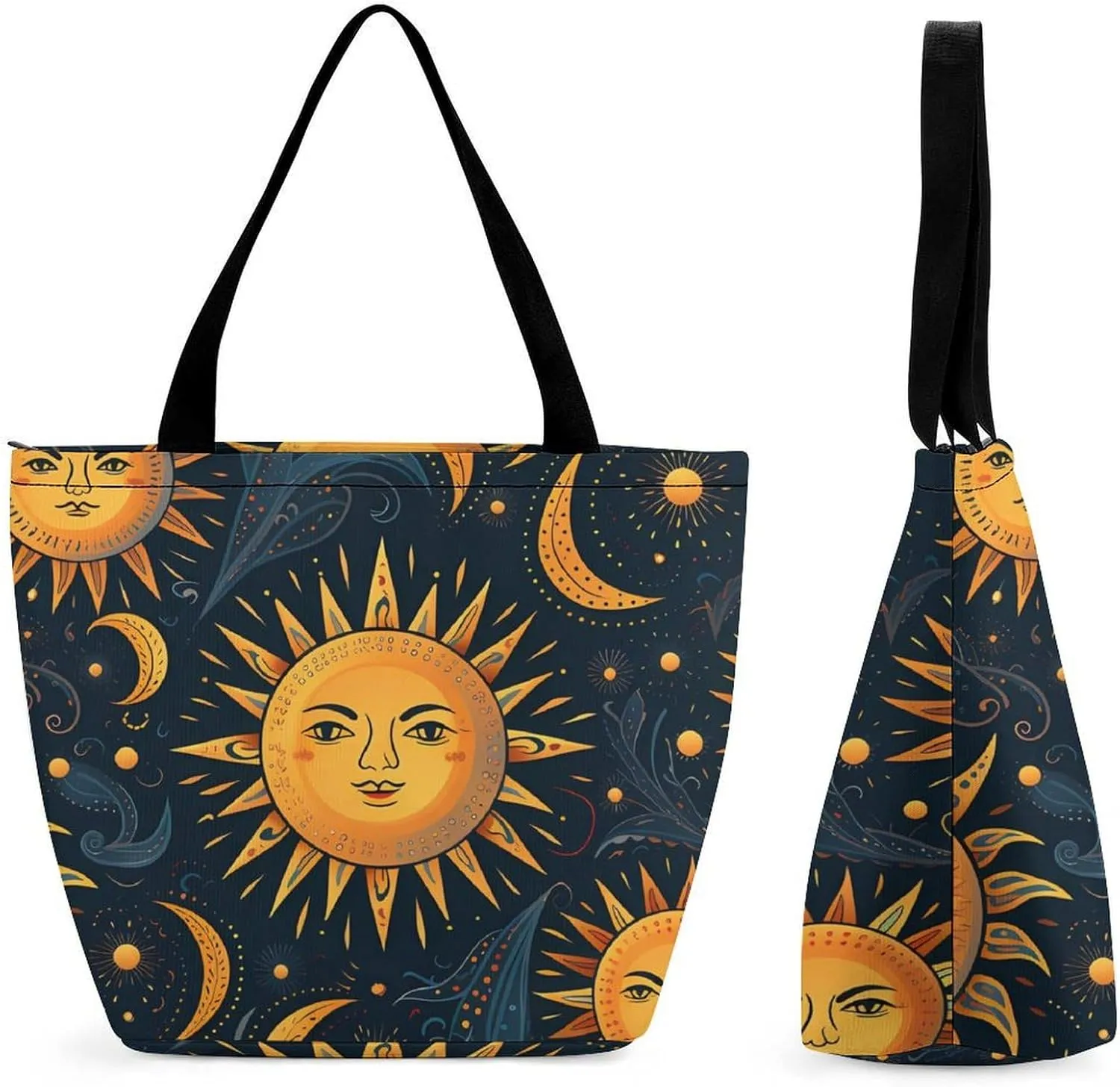 Sun Moon Pattern Womens Tote Bag Purse with Zippered Shoulder Handbags For Work