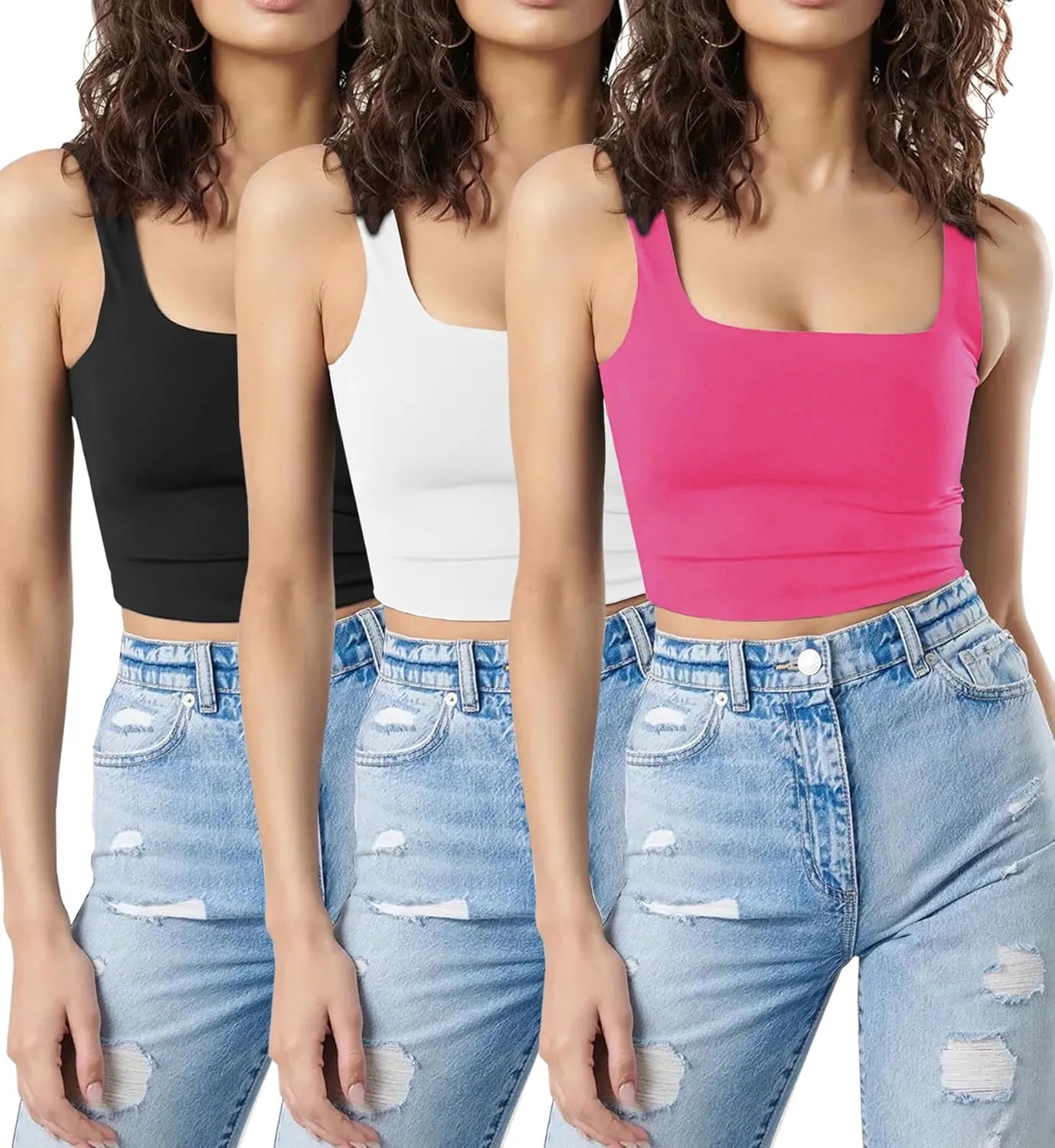 SUNDELL 3 Pack Crop Tank Tops for Women Casual Sleeveless Crop Tops Double Layer Cropped Yoga Workout Tops