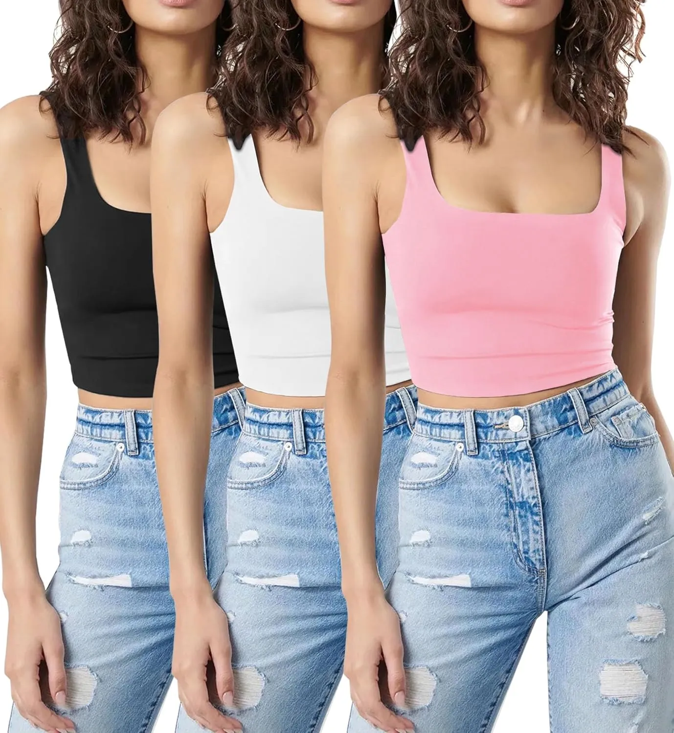 SUNDELL 3 Pack Crop Tank Tops for Women Casual Sleeveless Crop Tops Double Layer Cropped Yoga Workout Tops