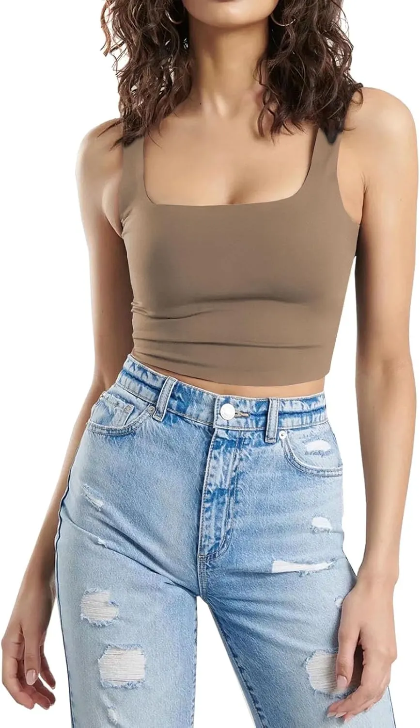 SUNDELL 3 Pack Crop Tank Tops for Women Casual Sleeveless Crop Tops Double Layer Cropped Yoga Workout Tops