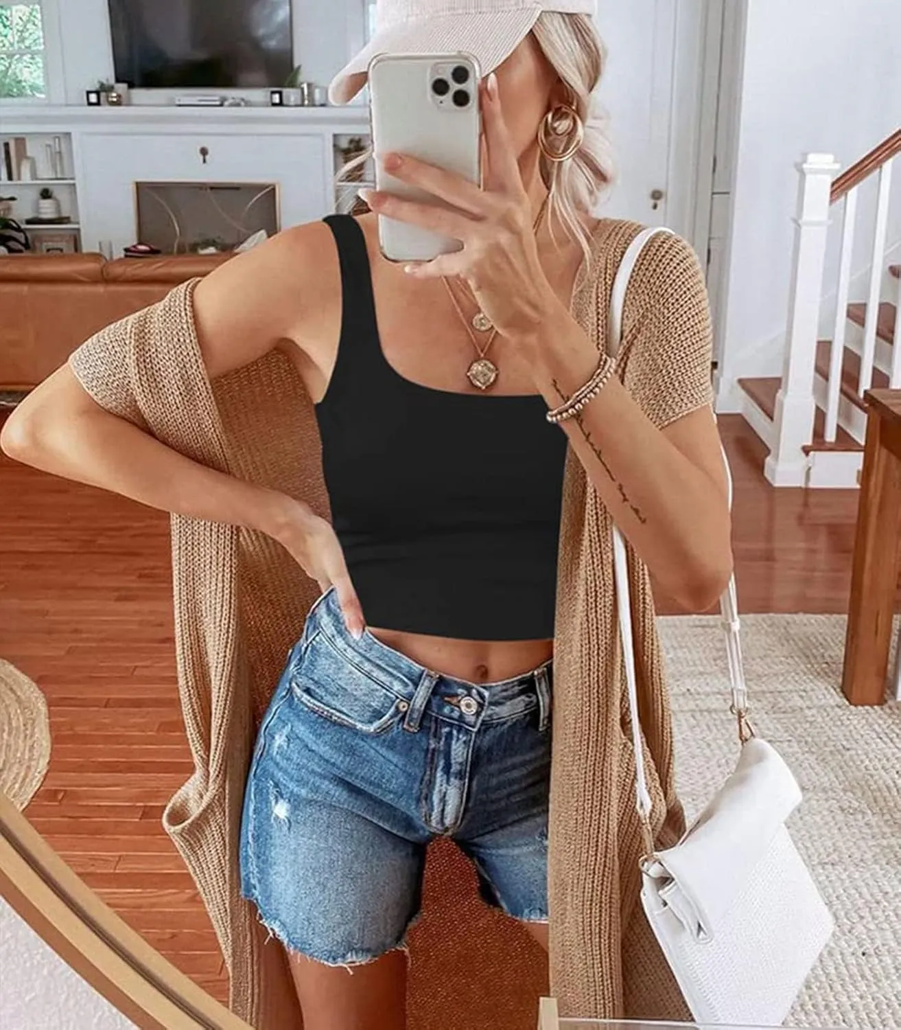 SUNDELL 3 Pack Crop Tank Tops for Women Casual Sleeveless Crop Tops Double Layer Cropped Yoga Workout Tops