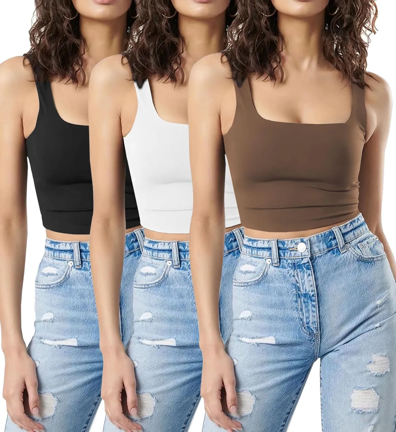 SUNDELL 3 Pack Crop Tank Tops for Women Casual Sleeveless Crop Tops Double Layer Cropped Yoga Workout Tops