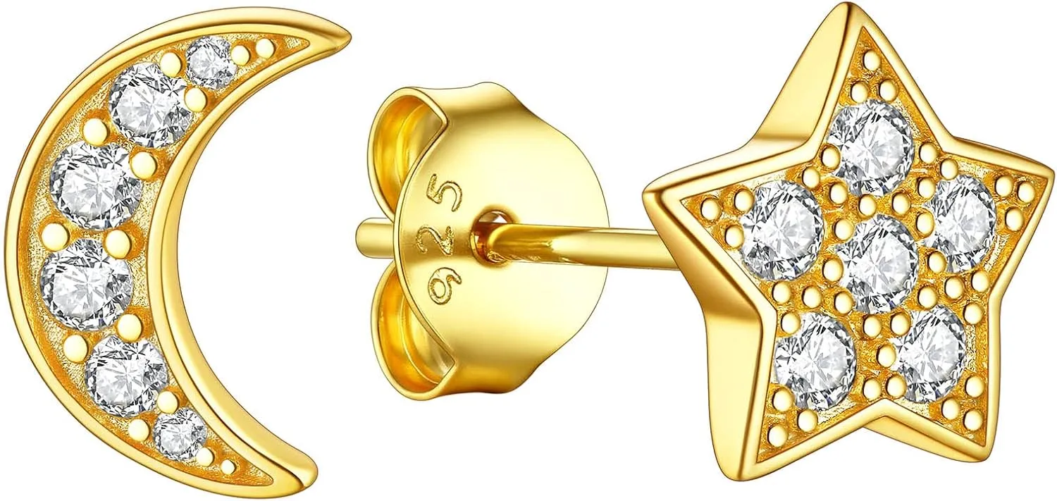 Suplight 925 Sterling Silver Stud Earrings for Women, Moon Star/Heart Shaped/Lightning Flas/Bar Stud Earrings with Cubic Zirconia Jewelry for Women Men (with Gift Box)