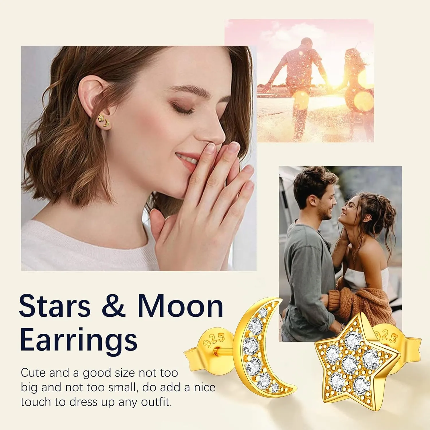 Suplight 925 Sterling Silver Stud Earrings for Women, Moon Star/Heart Shaped/Lightning Flas/Bar Stud Earrings with Cubic Zirconia Jewelry for Women Men (with Gift Box)