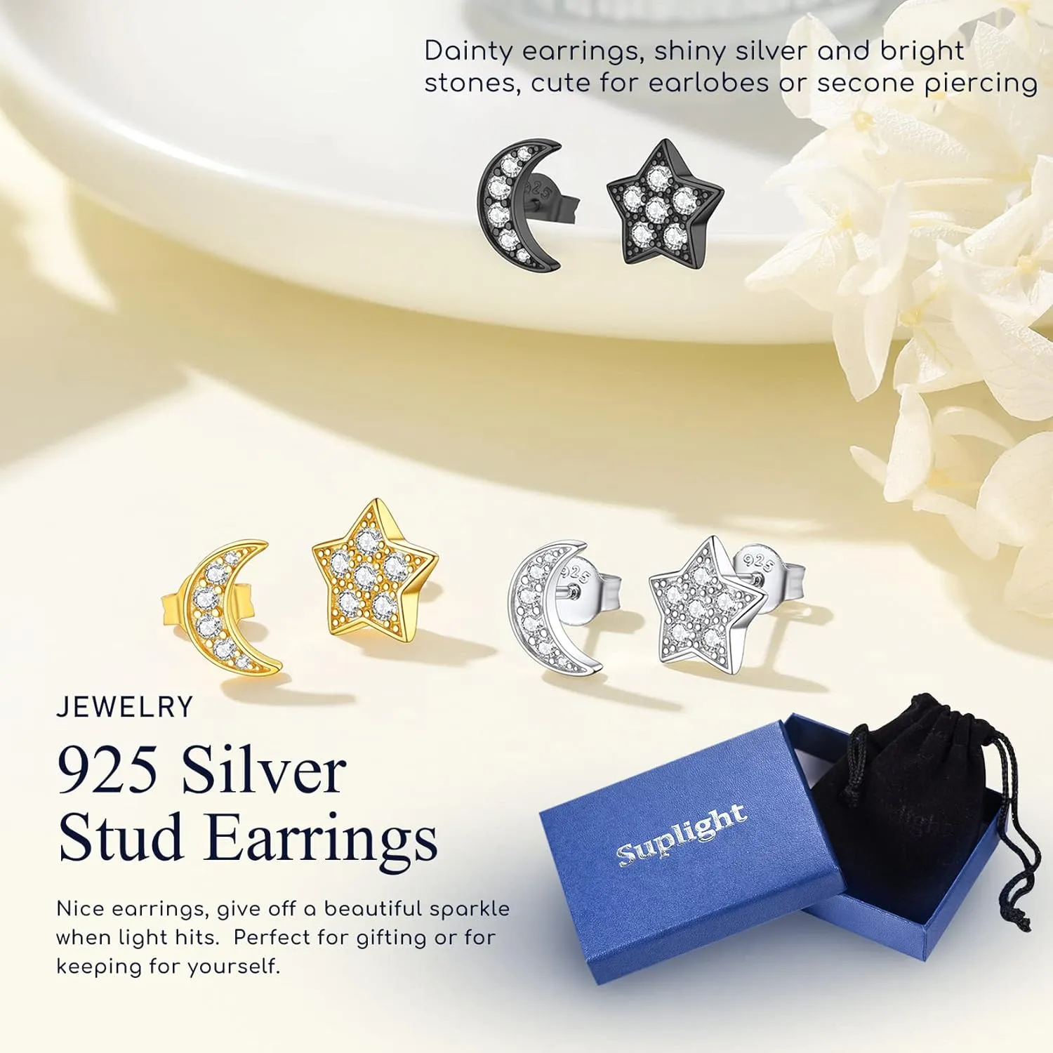 Suplight 925 Sterling Silver Stud Earrings for Women, Moon Star/Heart Shaped/Lightning Flas/Bar Stud Earrings with Cubic Zirconia Jewelry for Women Men (with Gift Box)