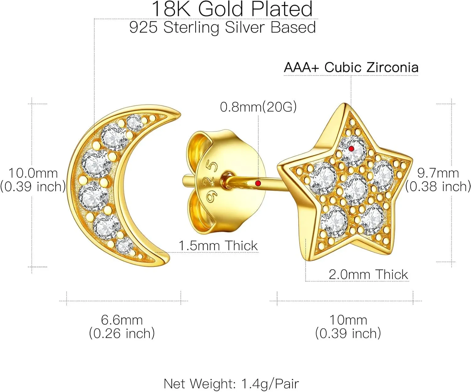 Suplight 925 Sterling Silver Stud Earrings for Women, Moon Star/Heart Shaped/Lightning Flas/Bar Stud Earrings with Cubic Zirconia Jewelry for Women Men (with Gift Box)