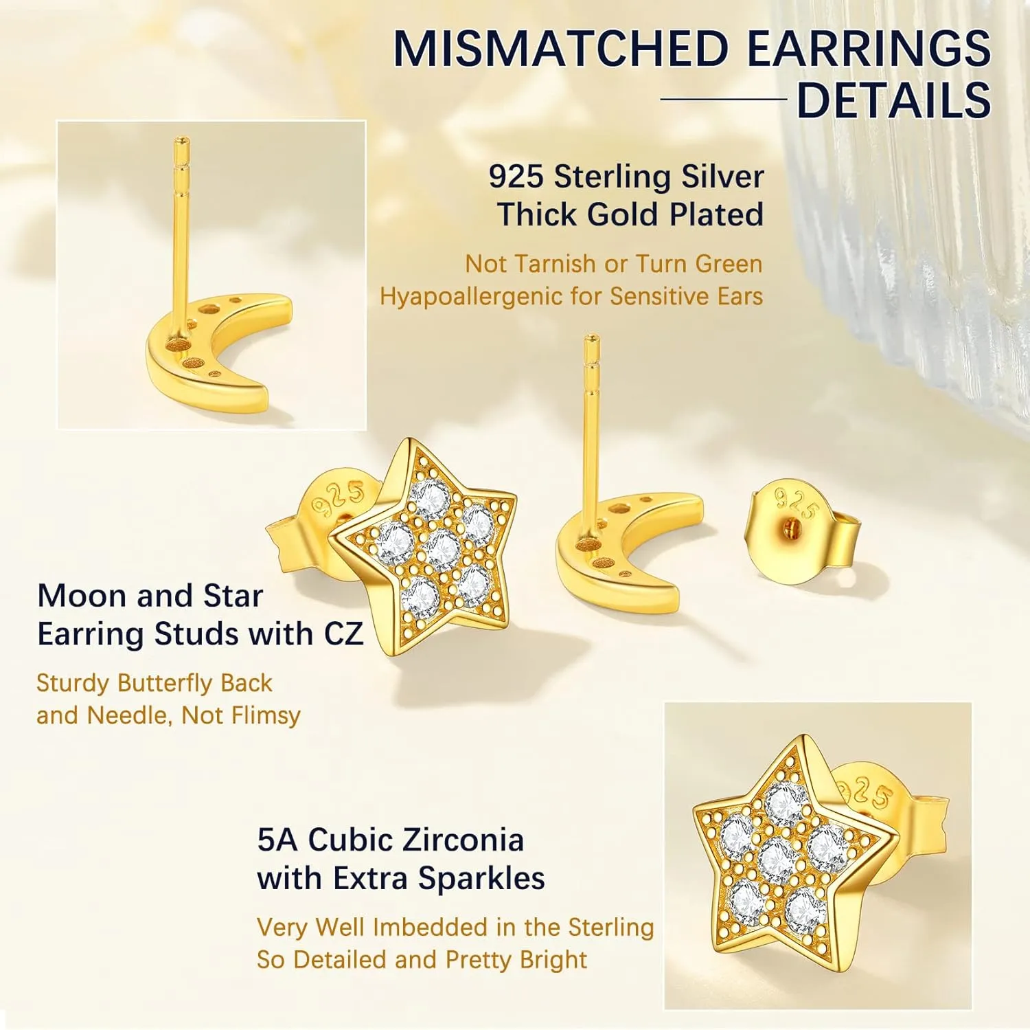 Suplight 925 Sterling Silver Stud Earrings for Women, Moon Star/Heart Shaped/Lightning Flas/Bar Stud Earrings with Cubic Zirconia Jewelry for Women Men (with Gift Box)