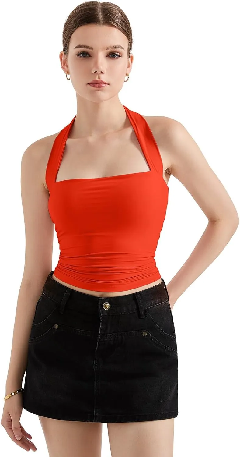 SUUKSESS Women Double Lined Halter Going Out Tops Open Back Basic Cami Tank Tops