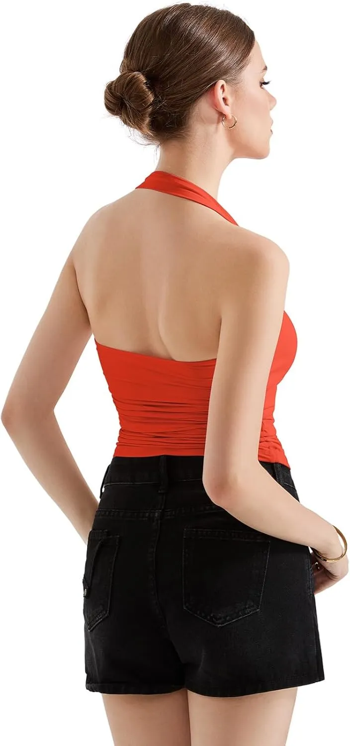 SUUKSESS Women Double Lined Halter Going Out Tops Open Back Basic Cami Tank Tops