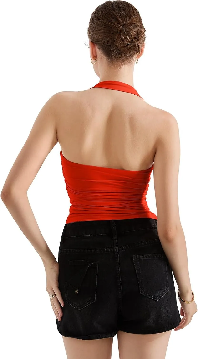 SUUKSESS Women Double Lined Halter Going Out Tops Open Back Basic Cami Tank Tops