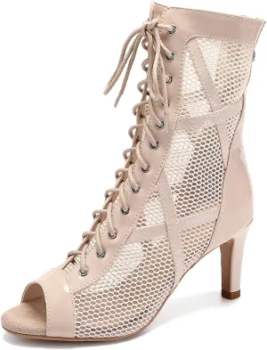 SWDZM Women's Ballroom Latin Salsa Dance Shoes Lace-up Open-Toe Dance Boots Mesh Performance Professional Dance Heels