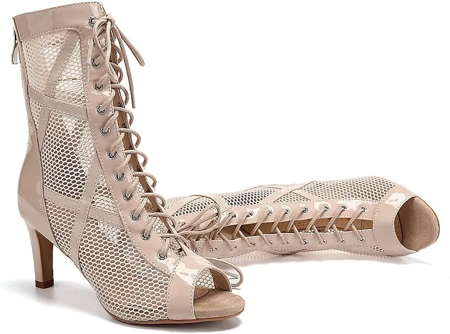 SWDZM Women's Ballroom Latin Salsa Dance Shoes Lace-up Open-Toe Dance Boots Mesh Performance Professional Dance Heels