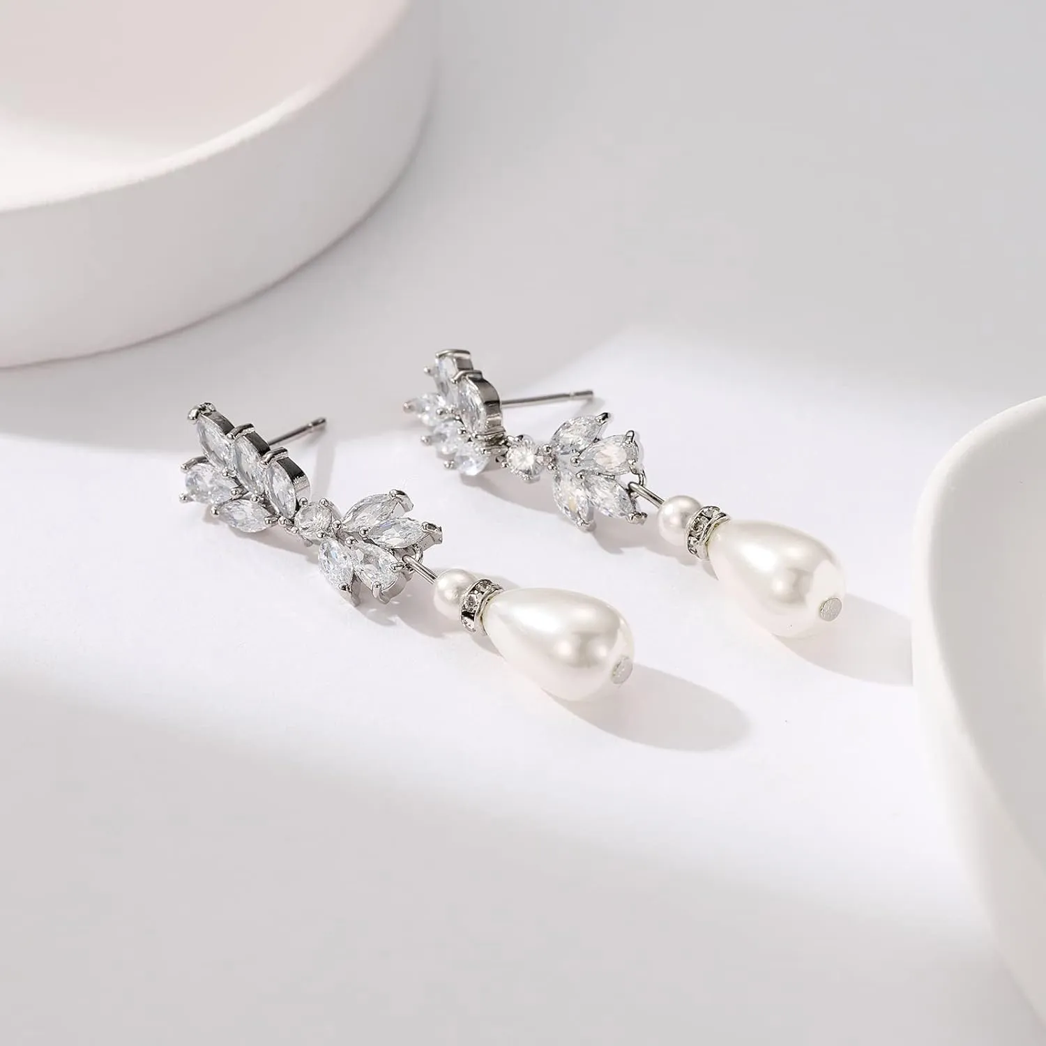 SWEETV Cubic Zirconia Pearl Drop Wedding Earrings for Brides, Ivory Bridal Pearl Earrings for Bridesmaid Jewelry Gift