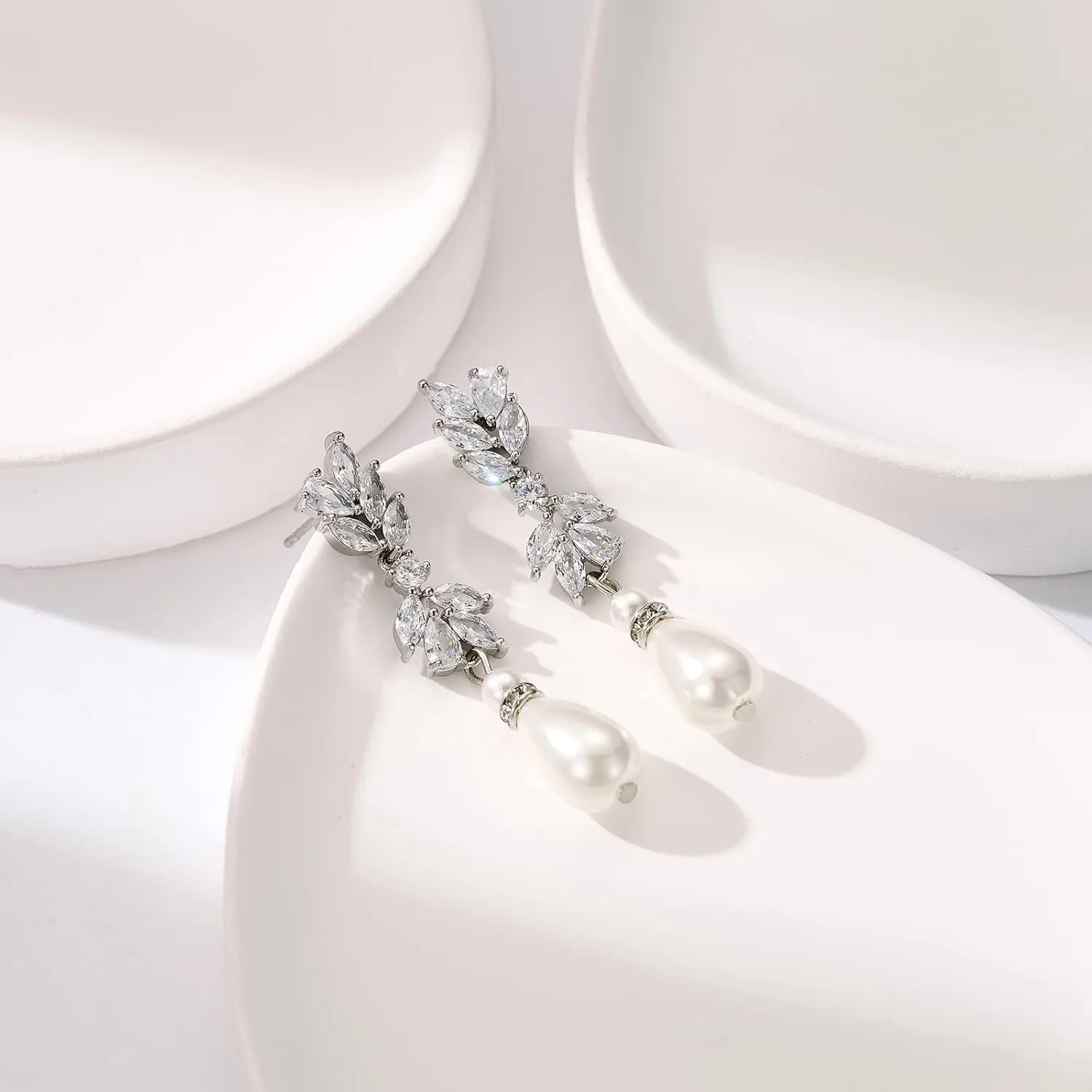 SWEETV Cubic Zirconia Pearl Drop Wedding Earrings for Brides, Ivory Bridal Pearl Earrings for Bridesmaid Jewelry Gift