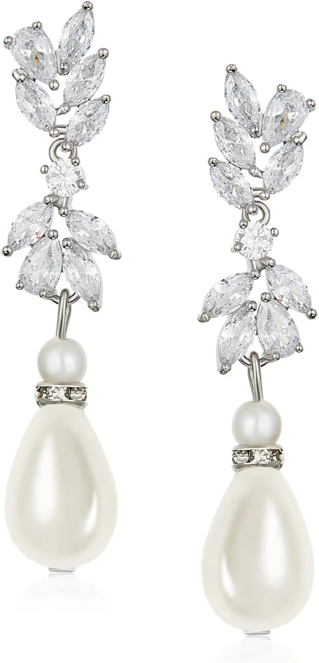 SWEETV Cubic Zirconia Pearl Drop Wedding Earrings for Brides, Ivory Bridal Pearl Earrings for Bridesmaid Jewelry Gift