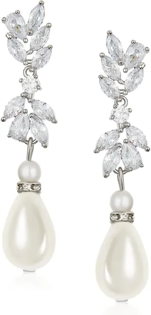 SWEETV Cubic Zirconia Pearl Drop Wedding Earrings for Brides, Ivory Bridal Pearl Earrings for Bridesmaid Jewelry Gift