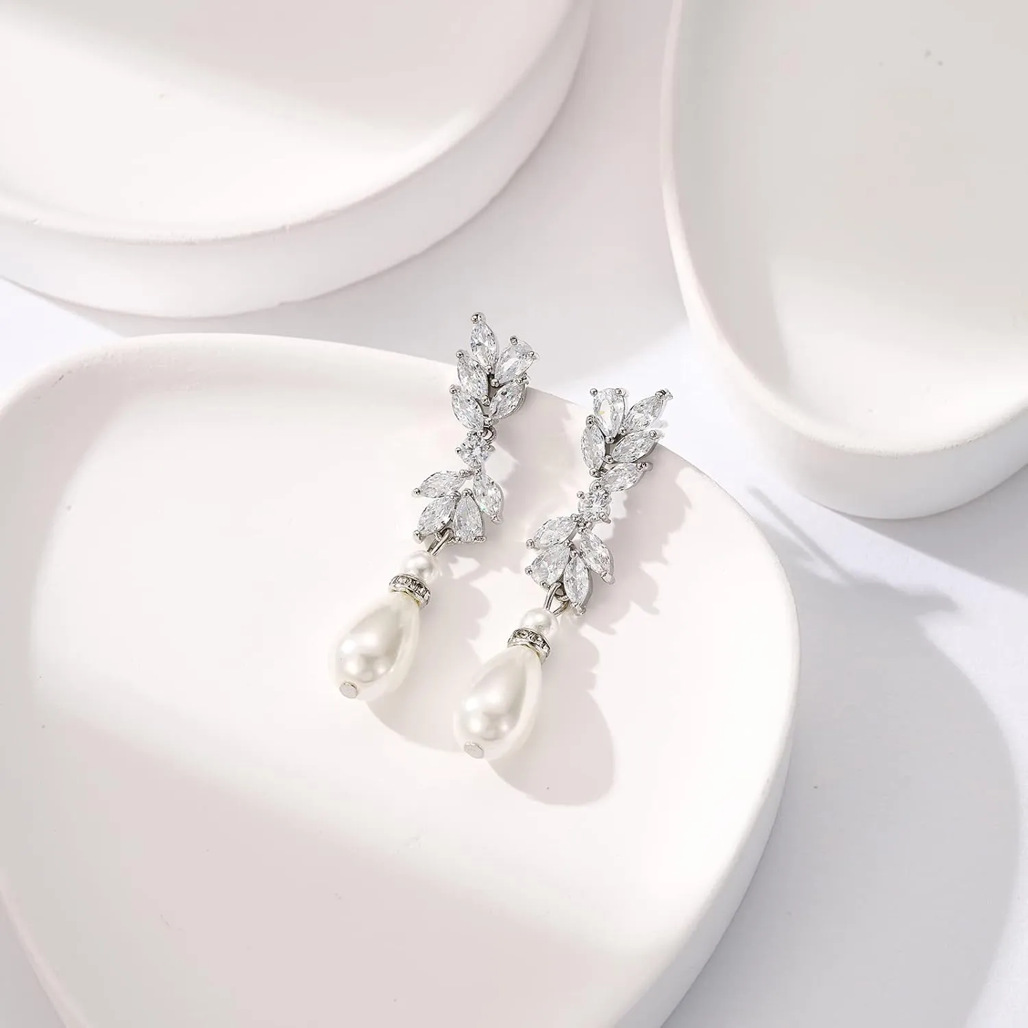 SWEETV Cubic Zirconia Pearl Drop Wedding Earrings for Brides, Ivory Bridal Pearl Earrings for Bridesmaid Jewelry Gift