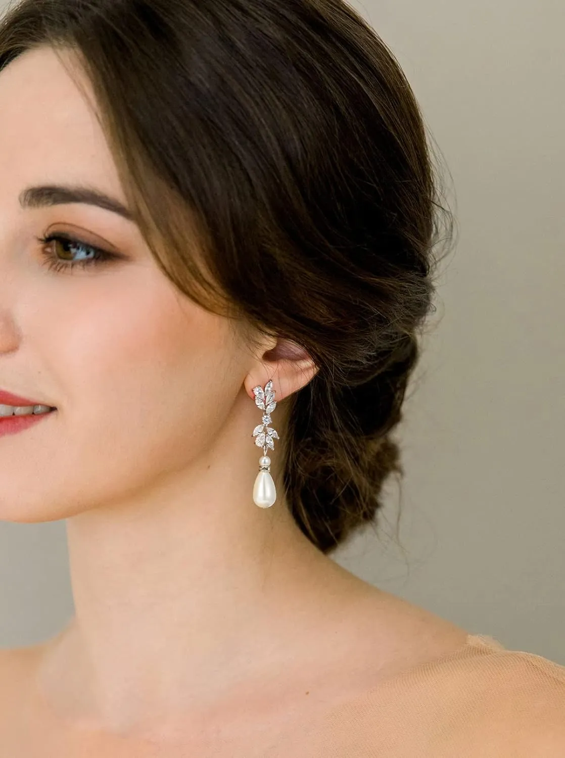 SWEETV Cubic Zirconia Pearl Drop Wedding Earrings for Brides, Ivory Bridal Pearl Earrings for Bridesmaid Jewelry Gift