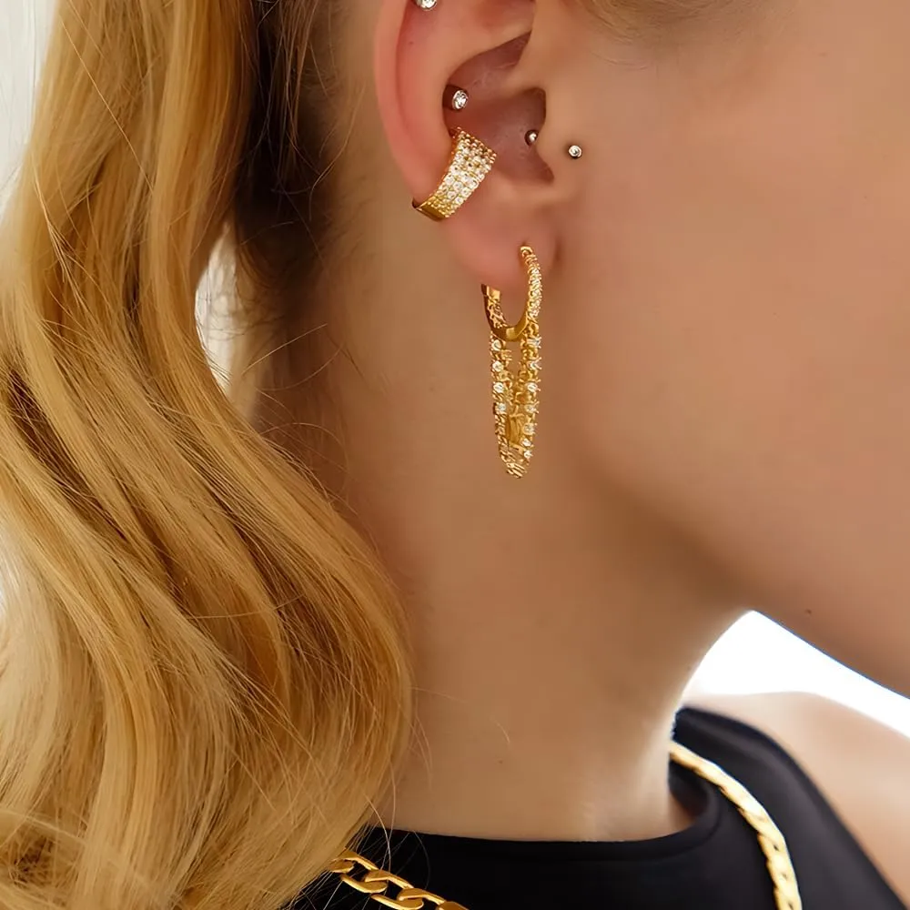 Tassel Chain Huggie Drop Dangle Earrings for Women Teen Cubic Zirconia Inlaid Chain Small Hoop Earrings