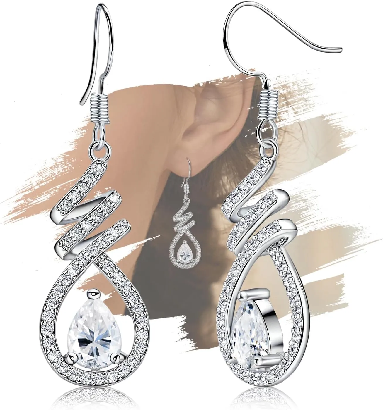 Teardrop Drop Dangle Earrings for Women - Sterling Silver Waterdrop Earrings Spiral Dangle Earrings Hypoallergenic Cubic Zirconia Lightweight Classic Dangling Earrings Gifts for Her Birthday Christmas