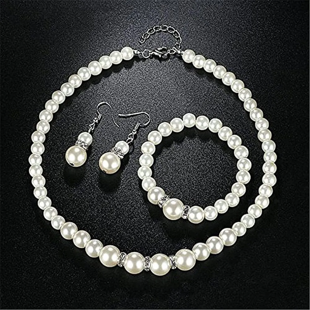 tenghong2021 Fashion Classic Faux Pearl Red Carnelian Jewelry Set Necklace Bracelet Earrings for Women