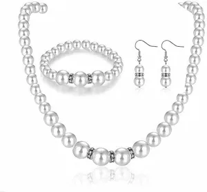 tenghong2021 Fashion Classic Faux Pearl Red Carnelian Jewelry Set Necklace Bracelet Earrings for Women